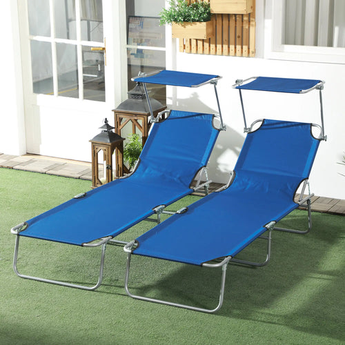 Outdoor Lounge Chair, Adjustable Folding Chaise With Sun Shade, Blue