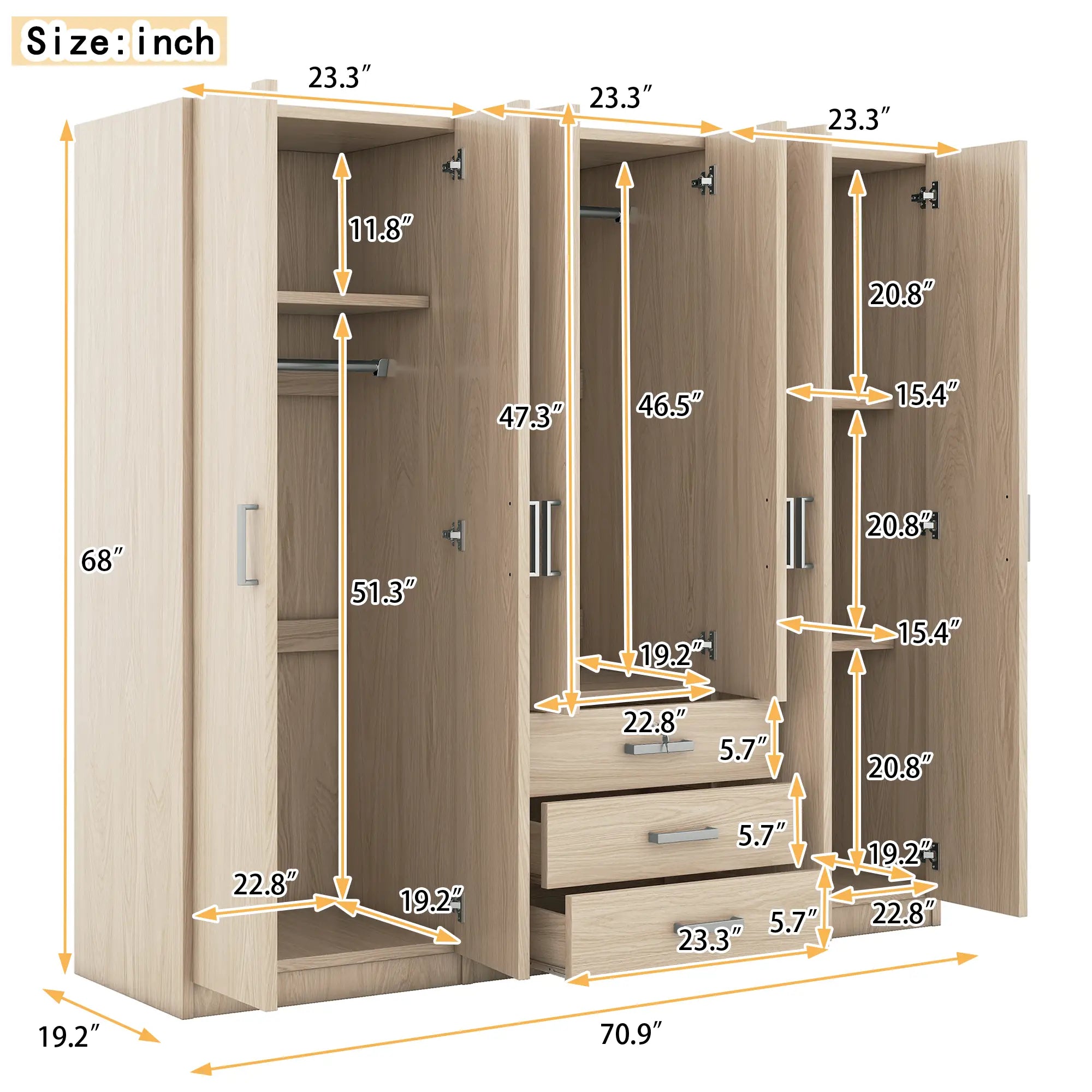 Wooden Wardrobe, 3 Drawers, MDF, Silver Handles, 71