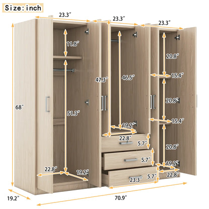 Wooden Wardrobe, 3 Drawers, MDF, Silver Handles, 71" L x 19" W x 68" H, Natural Clothing Storage at Gallery Canada