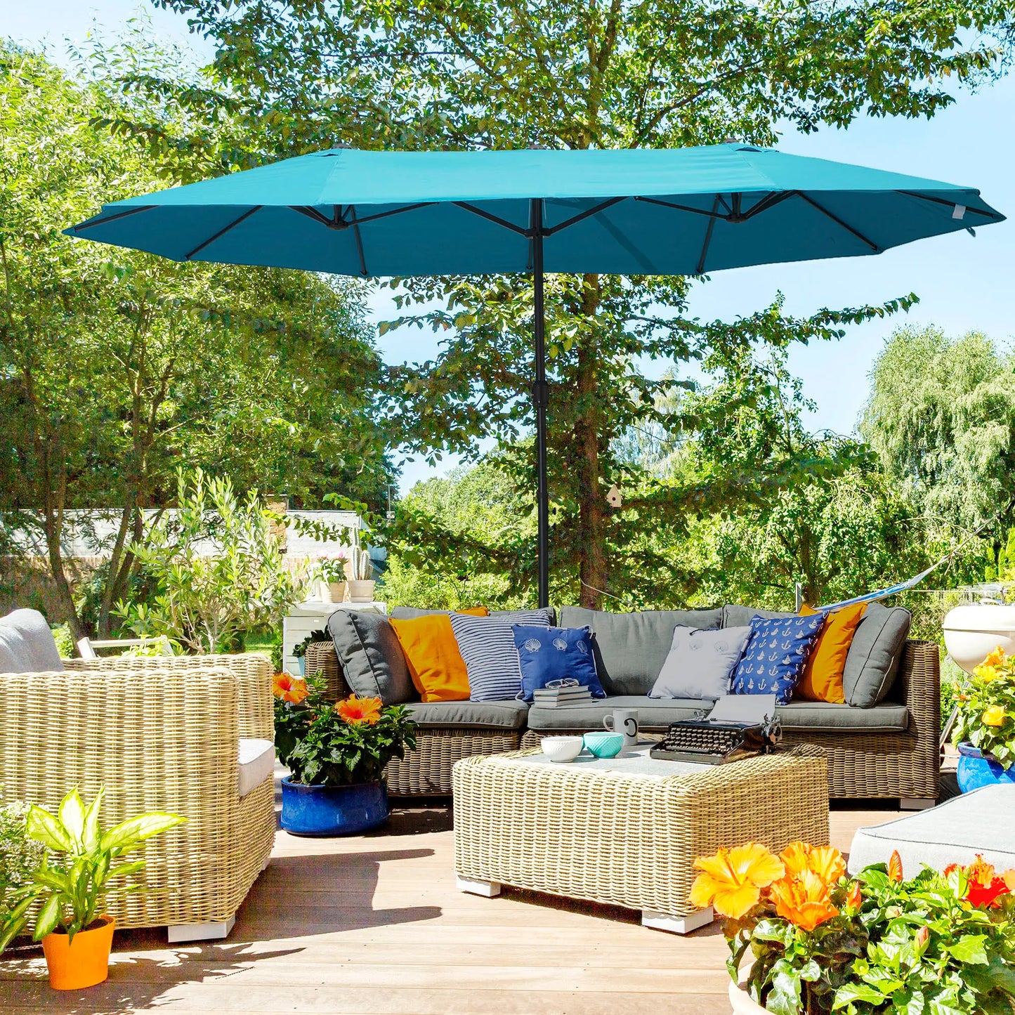 15ft Double-Sided Patio Umbrella, Twin Canopy, Crank, Sky Blue Sun Umbrellas at Gallery Canada