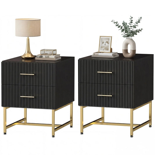 Modern Nightstands With Storage, 2 Fluted Drawers, Gold Legs, Black Bedside Tables Black at Gallery Canada