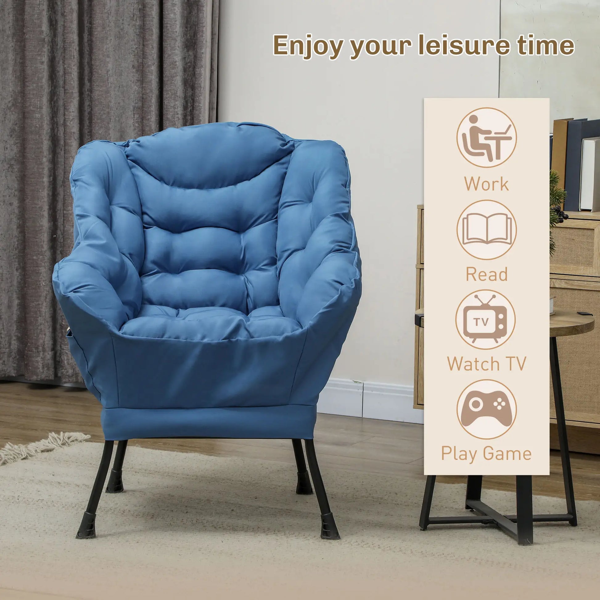 Modern Accent Chair, Armchair with Side Pockets and Solid Steel Legs, Comfy Reading Chair for Living Room, Bedroom, Blue Accent Chairs at Gallery Canada