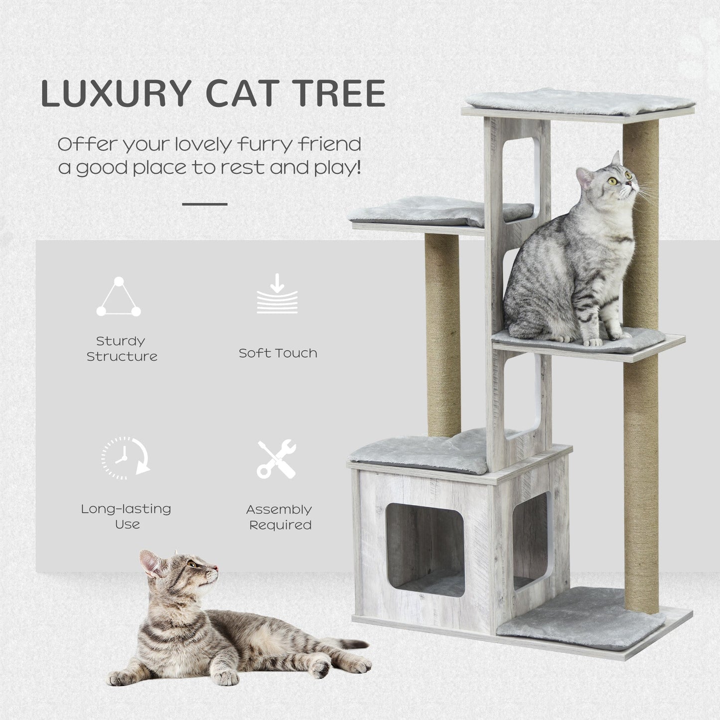 45" Deluxe Plush Cat Tree Tower Activity Center Climbing Frame Kitten Play House with Jute Scratching Posts Condo Perch Cushion Grey - Gallery Canada