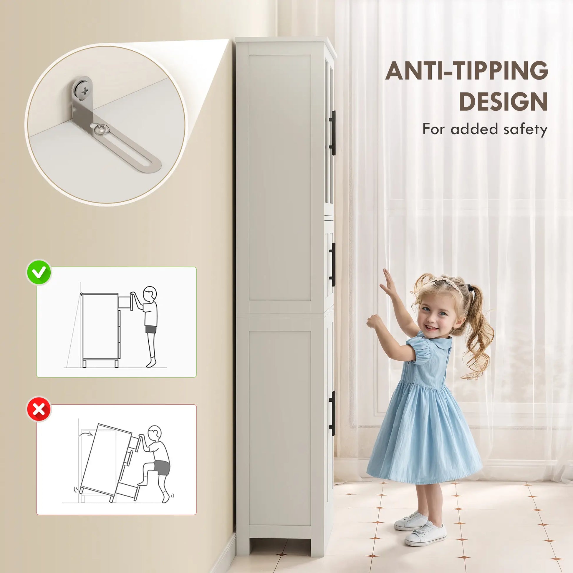 67" Tall Bathroom Storage Cabinet, Glass Doors, Adjustable Shelves, White Bathroom Cabinets at Gallery Canada