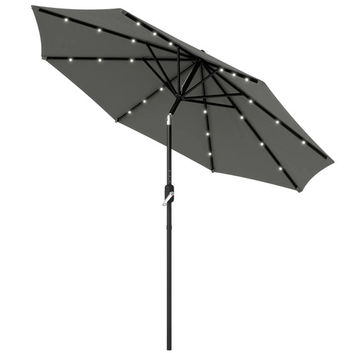 8.8 ft Solar Patio Umbrella, Adjustable LED Lights, Dark Grey