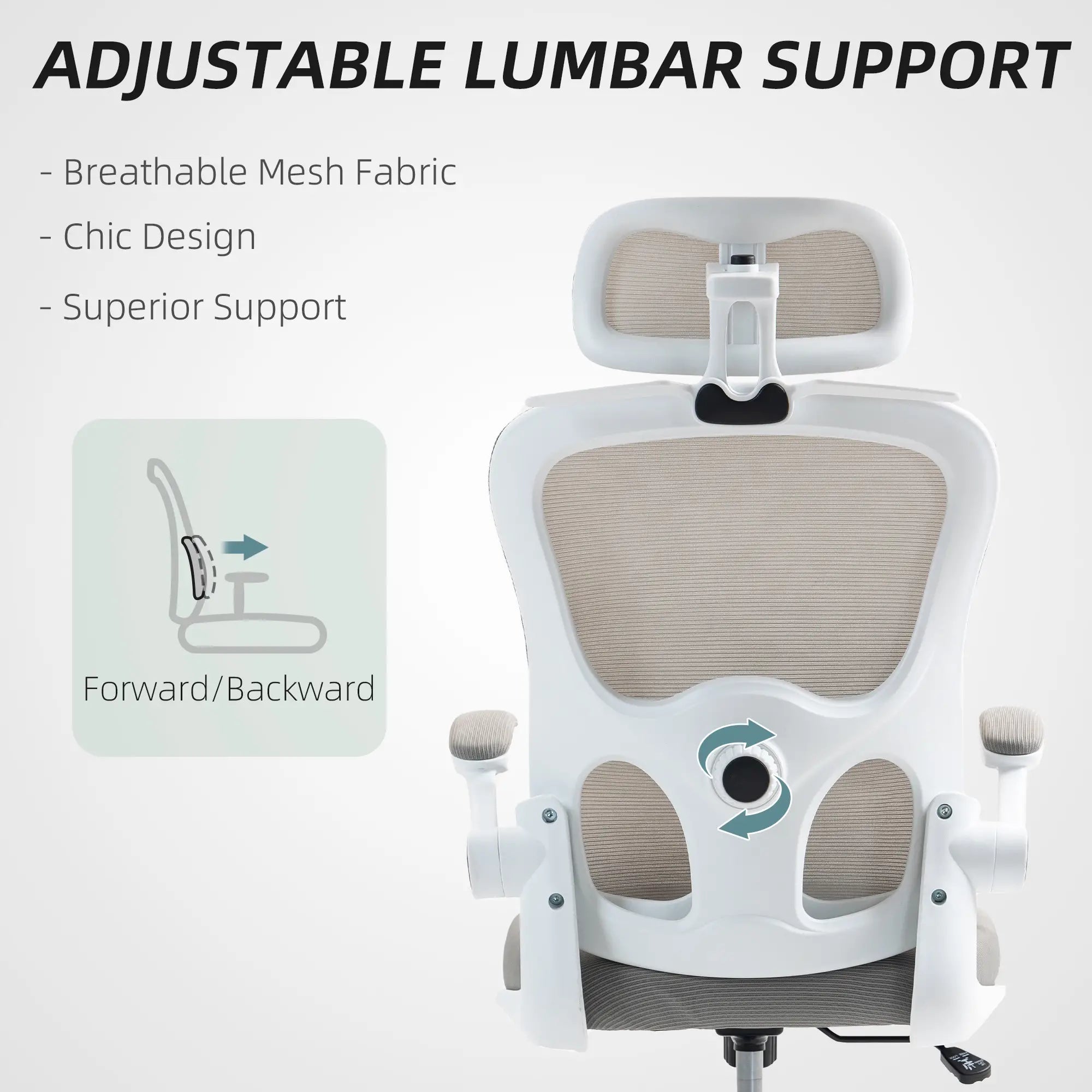 Mesh Office Chair, Ergonomic with Flip-Up Armrest, Rotatable Headrest, Adjustable Lumbar Support, Grey Office Chairs at Gallery Canada