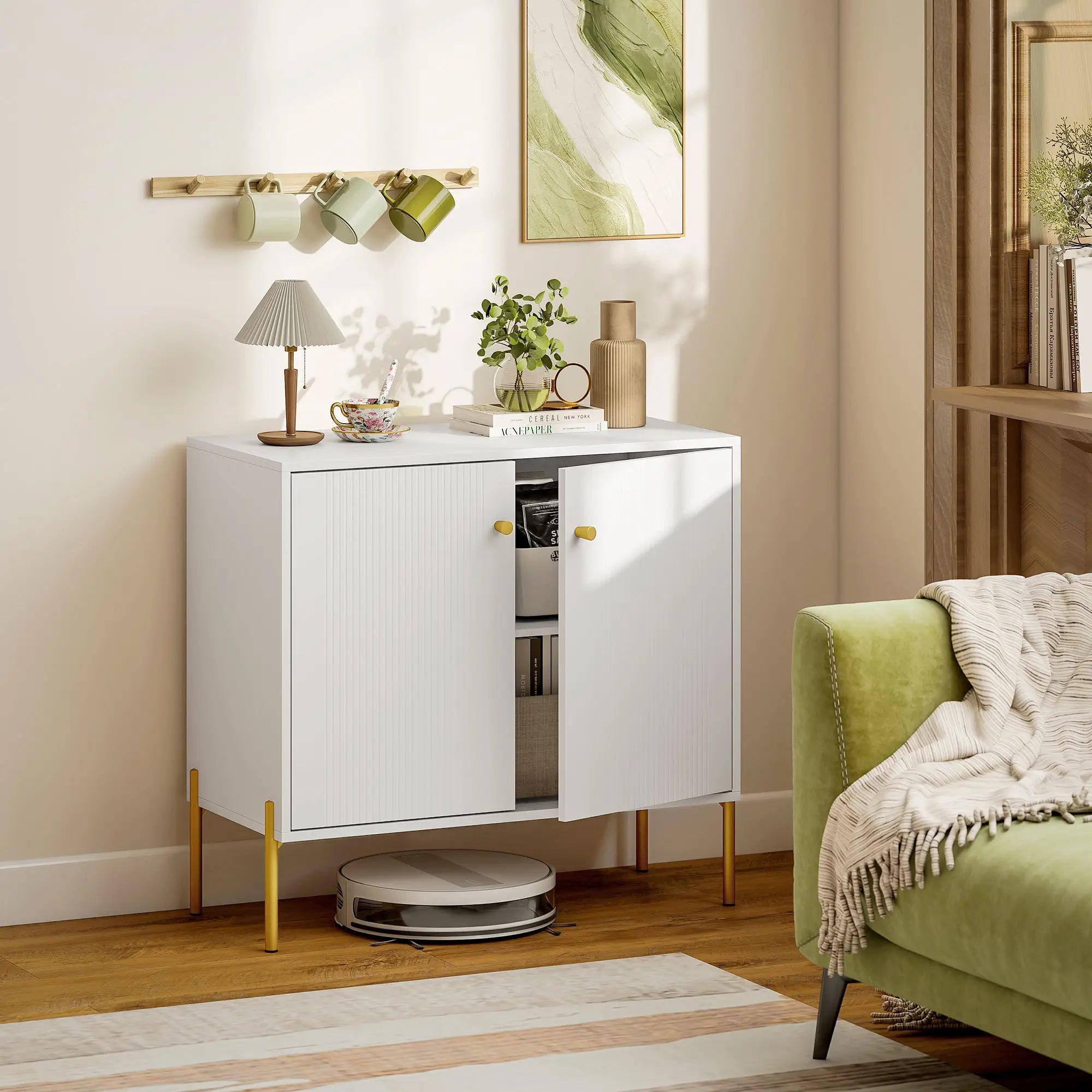 Sideboard, Modern Buffet Cabinet, Fluted Doors, Adjustable Shelf, White Storage Cabinets at Gallery Canada