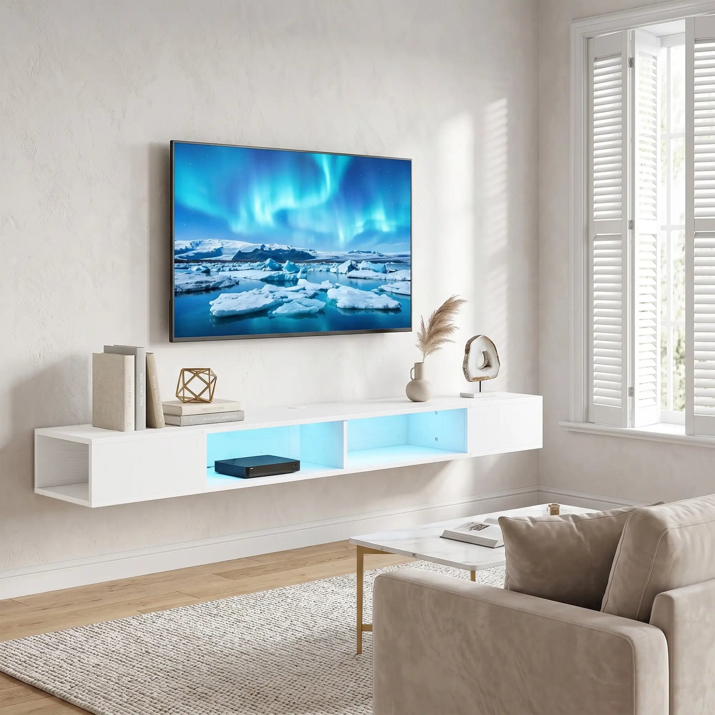 TV Stand with RGB LED Lights, Entertainment Center with Open Shelves for 75 Inch TV, White