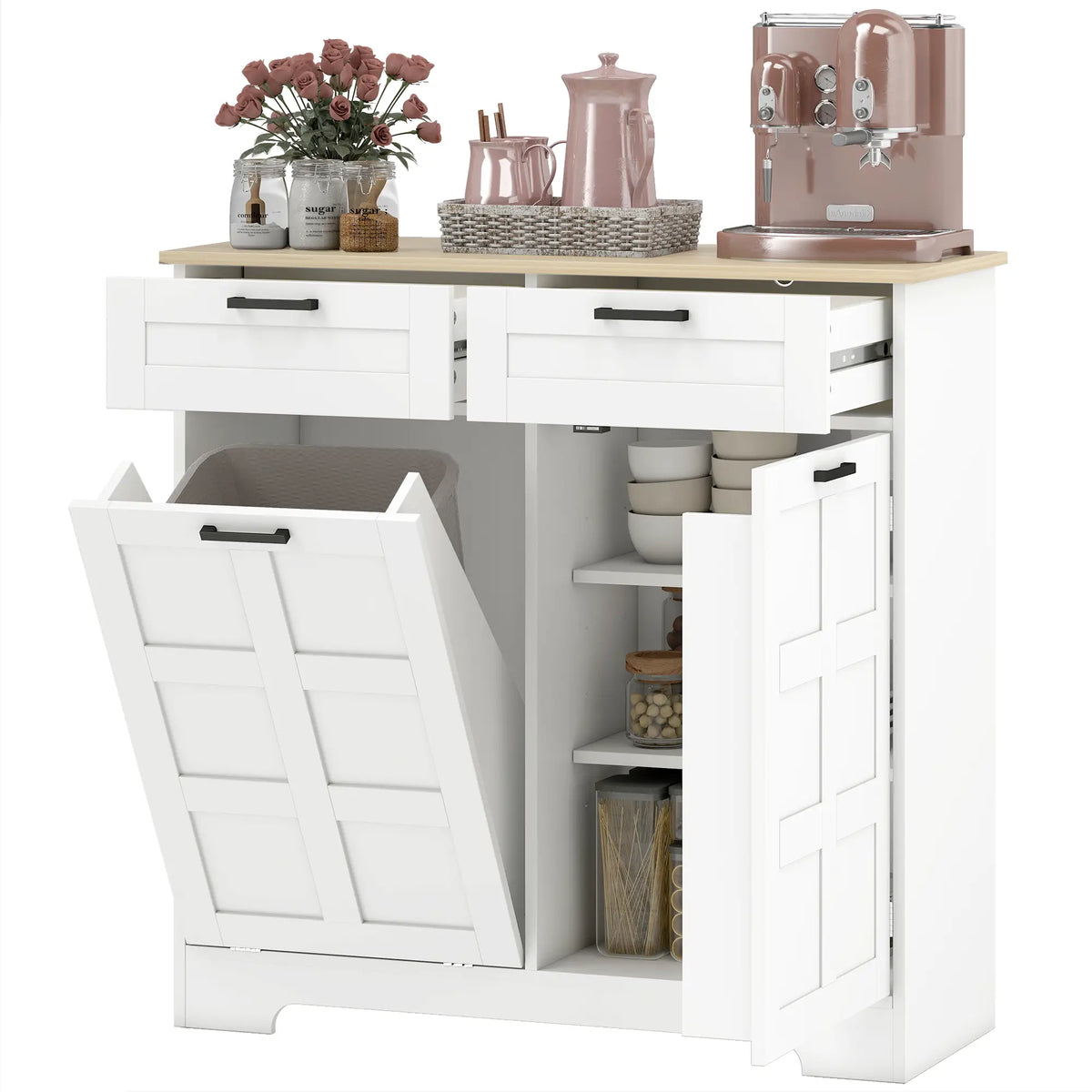 7 Gallon Tilt Out Garbage Cabinet, Kitchen Island, 2 Drawers, White