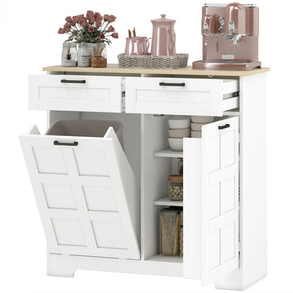 7 Gallon Tilt Out Garbage Cabinet, Kitchen Island, 2 Drawers, White
