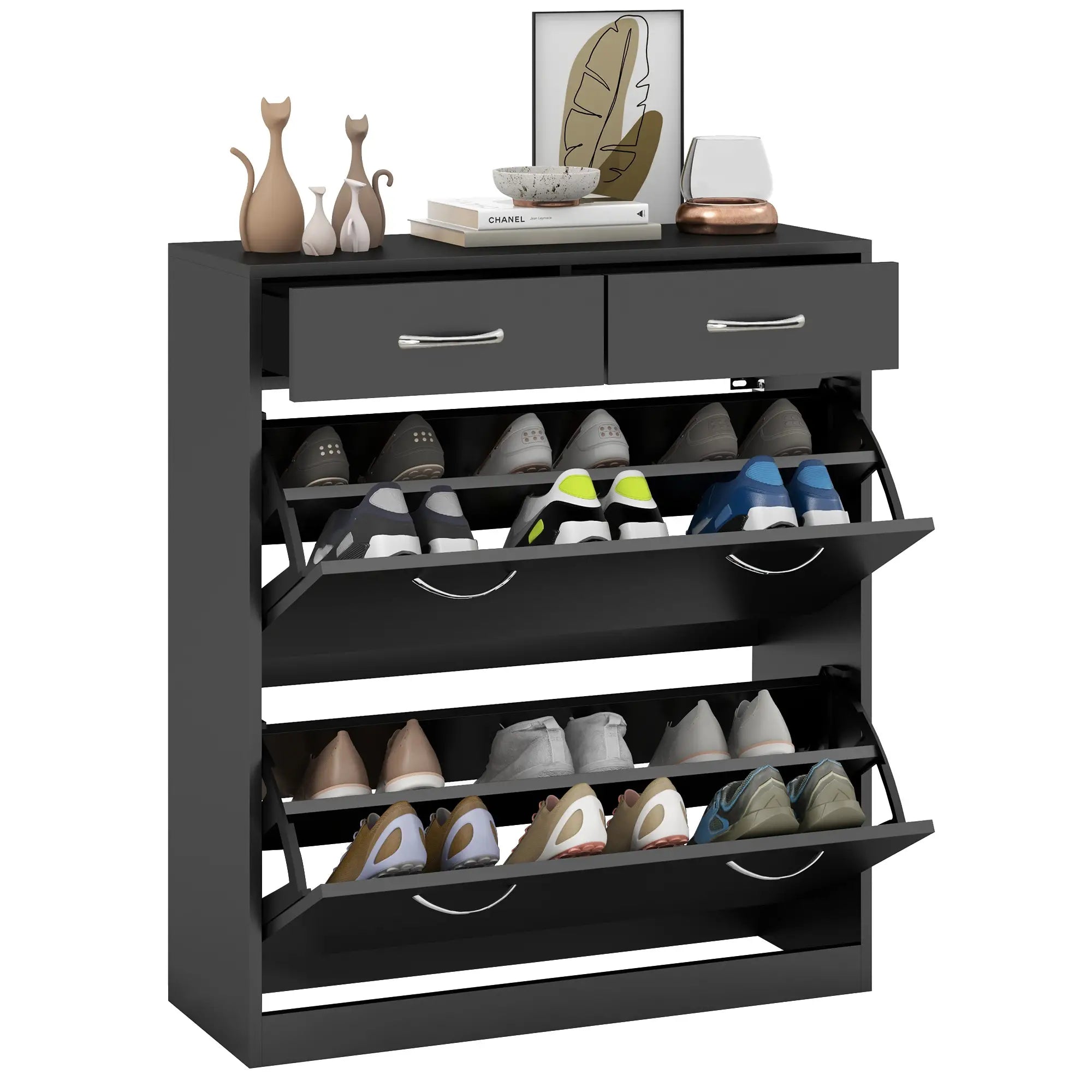 Narrow Shoe Storage, 2 Flip Drawers, Adjustable Shelves, Holds 12 Pairs, Black Shoe Storage Cabinets & Racks at Gallery Canada