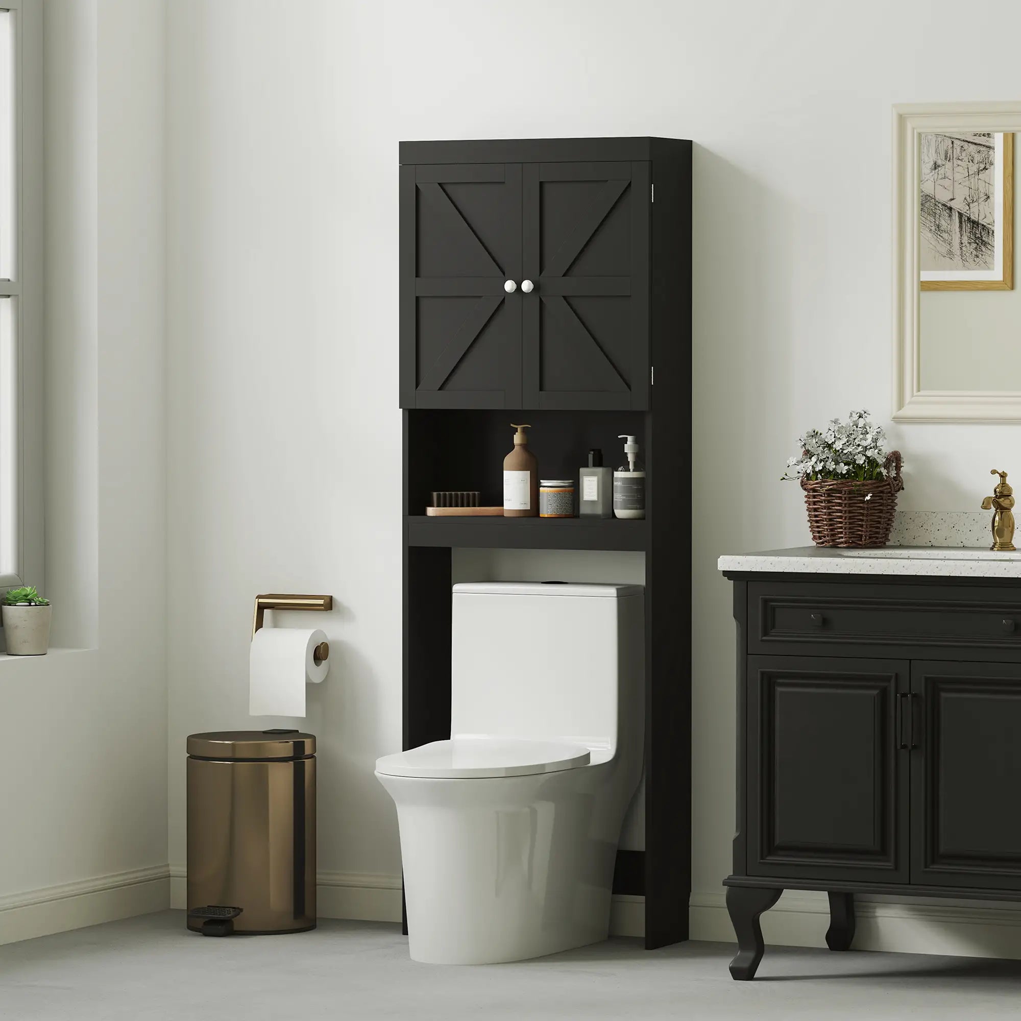 Over Toilet Cabinet, Bathroom Storage with Barn Doors, Open Shelf, Black Bathroom Cabinets at Gallery Canada