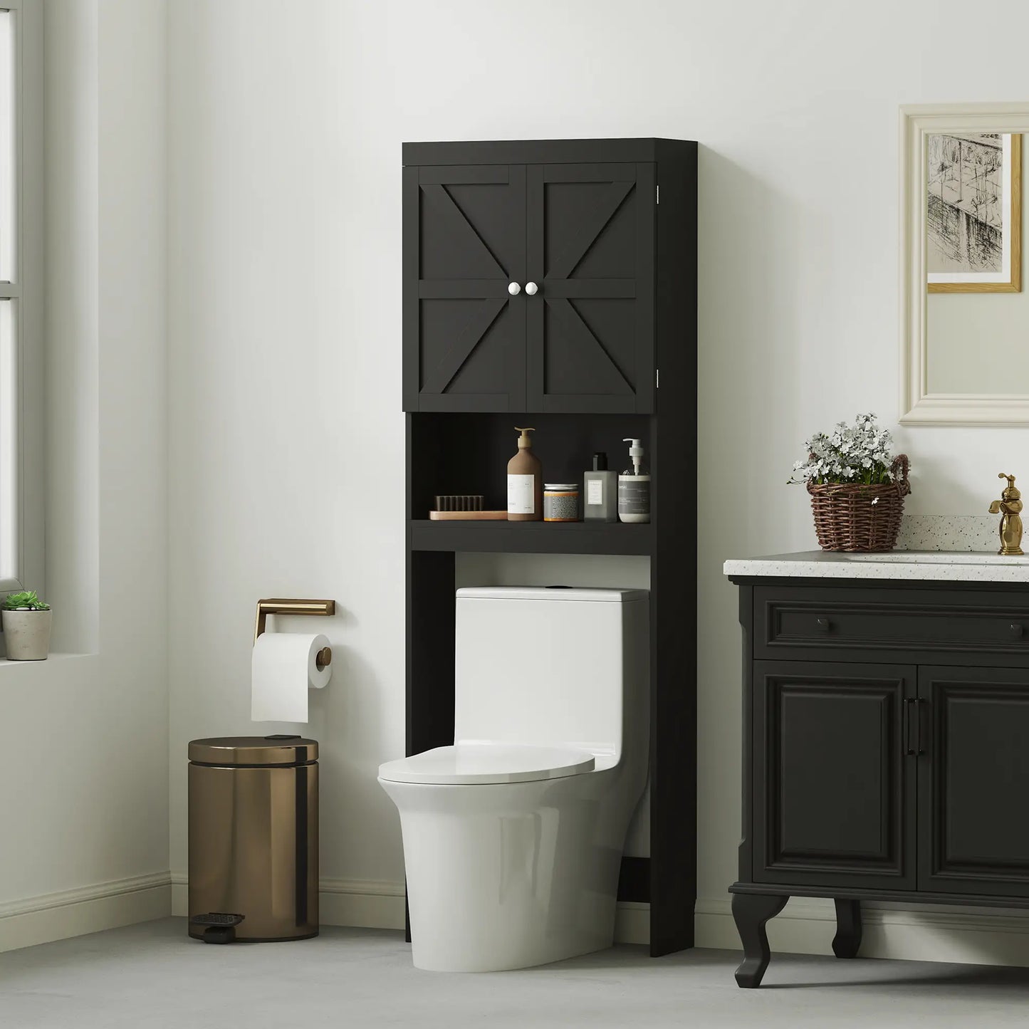 Over Toilet Cabinet, Bathroom Storage with Barn Doors, Open Shelf, Black Bathroom Cabinets at Gallery Canada
