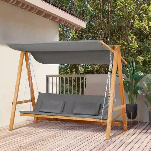 3 Seater Patio Swing Chair, Convertible Cushioned Porch Swing Bed with Canopy, Wood Frame