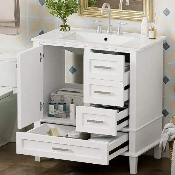 Solid Wood Bathroom Vanity, Sink Combo, Soft-Close Door, 3 Drawers, 30" L x 18" W x 34" H, White Sink Cabinets at Gallery Canada