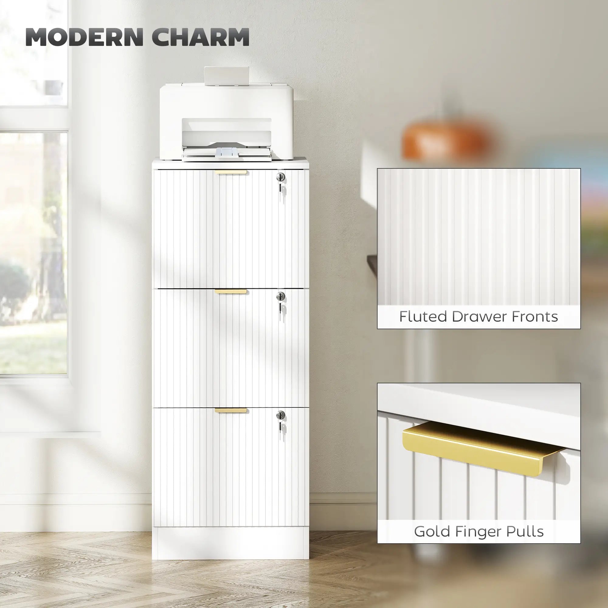 Lockable Filing Cabinet, 3 Fluted Drawers, Adjustable Hanging Rails, White Office Cabinets & Cupboards at Gallery Canada