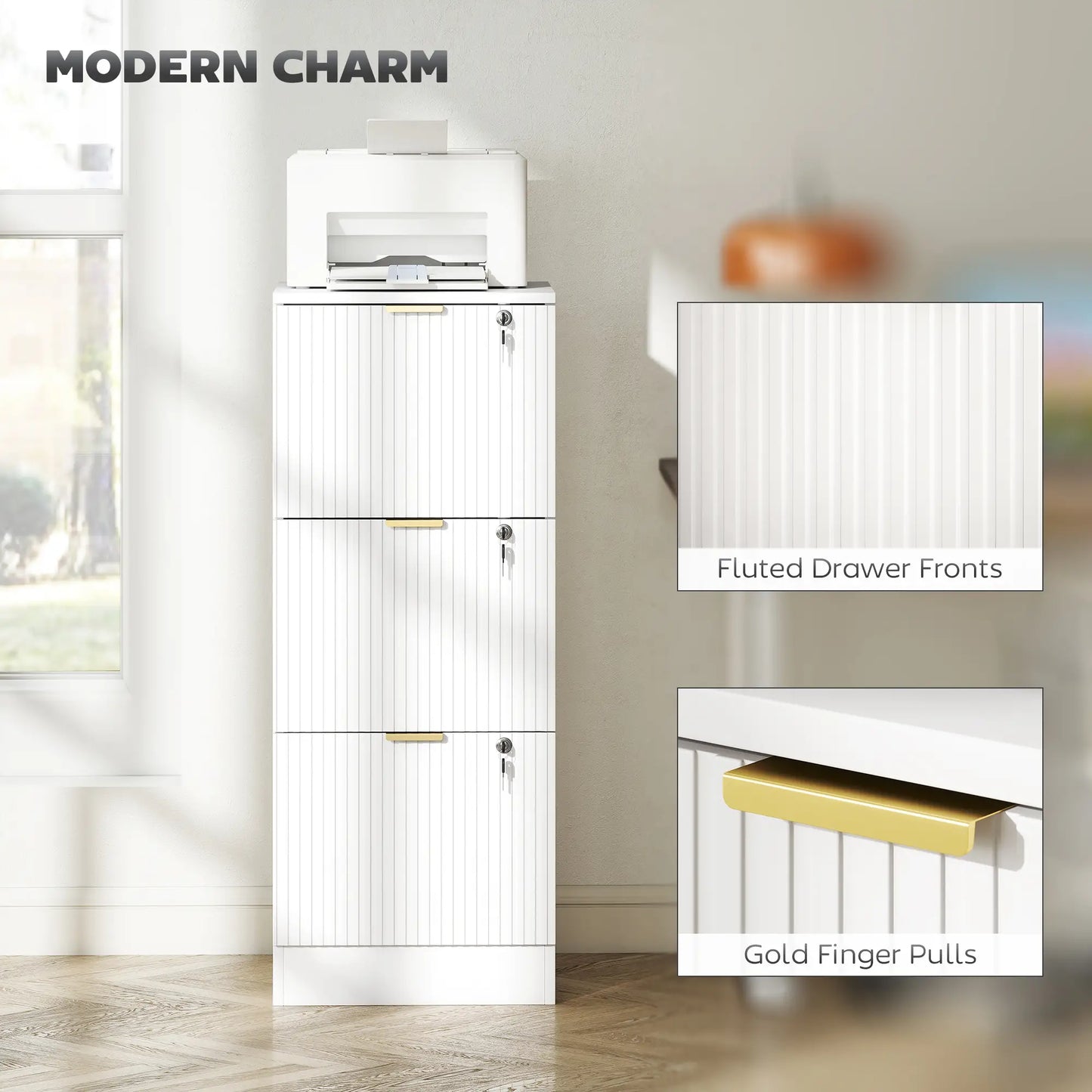 Lockable Filing Cabinet, 3 Fluted Drawers, Adjustable Hanging Rails, White Office Cabinets & Cupboards at Gallery Canada