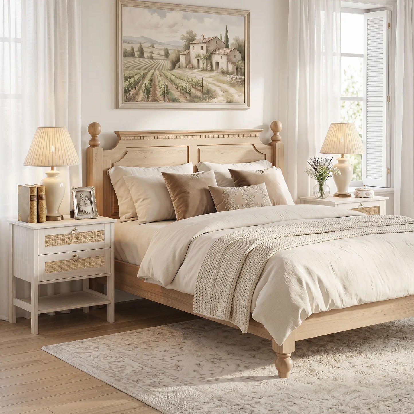 Set Of 2 Rattan Nightstands, 2 Drawers, Storage Shelf, White Oak Bedside Tables at Gallery Canada