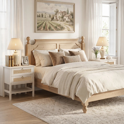 Set Of 2 Rattan Nightstands, 2 Drawers, Storage Shelf, White Oak Bedside Tables at Gallery Canada