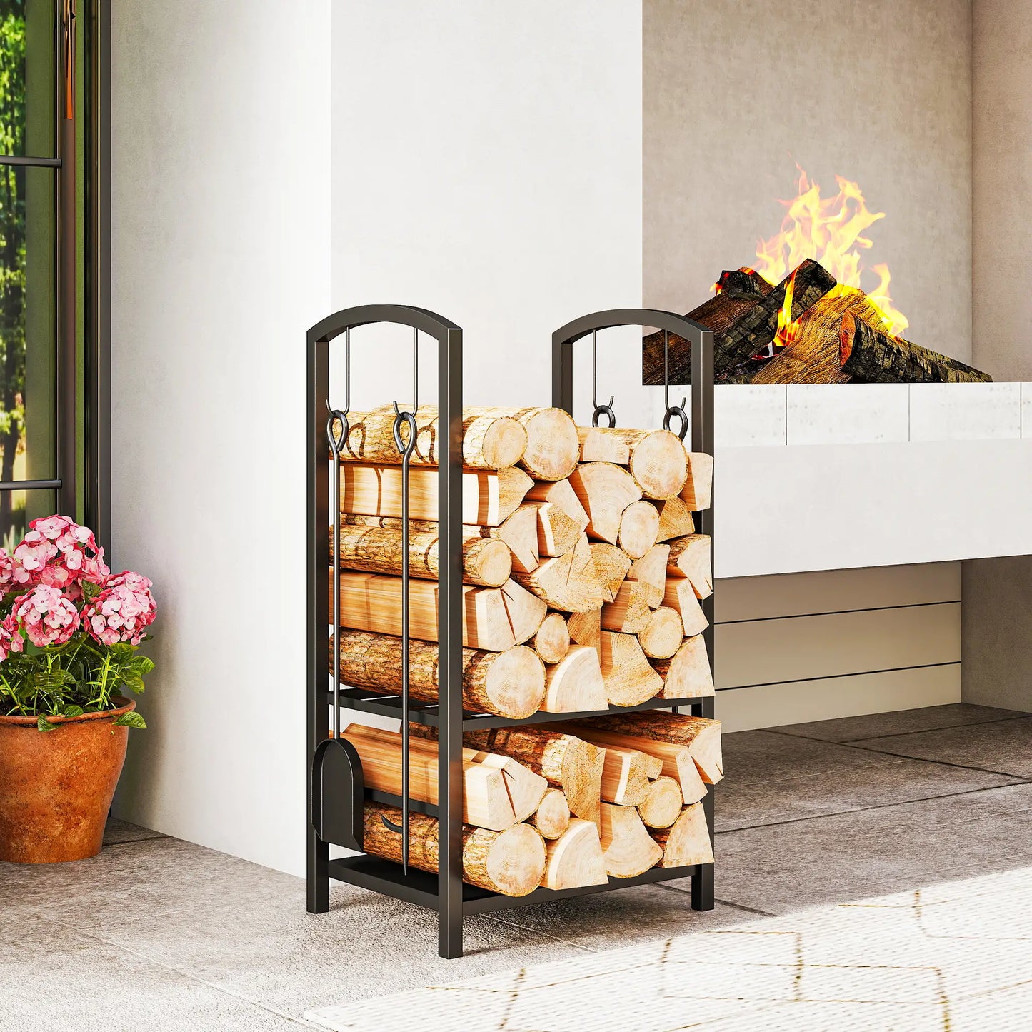 16" 2-Tier Firewood Log Rack, Storage Holder with Tools, Black Firewood Racks at Gallery Canada