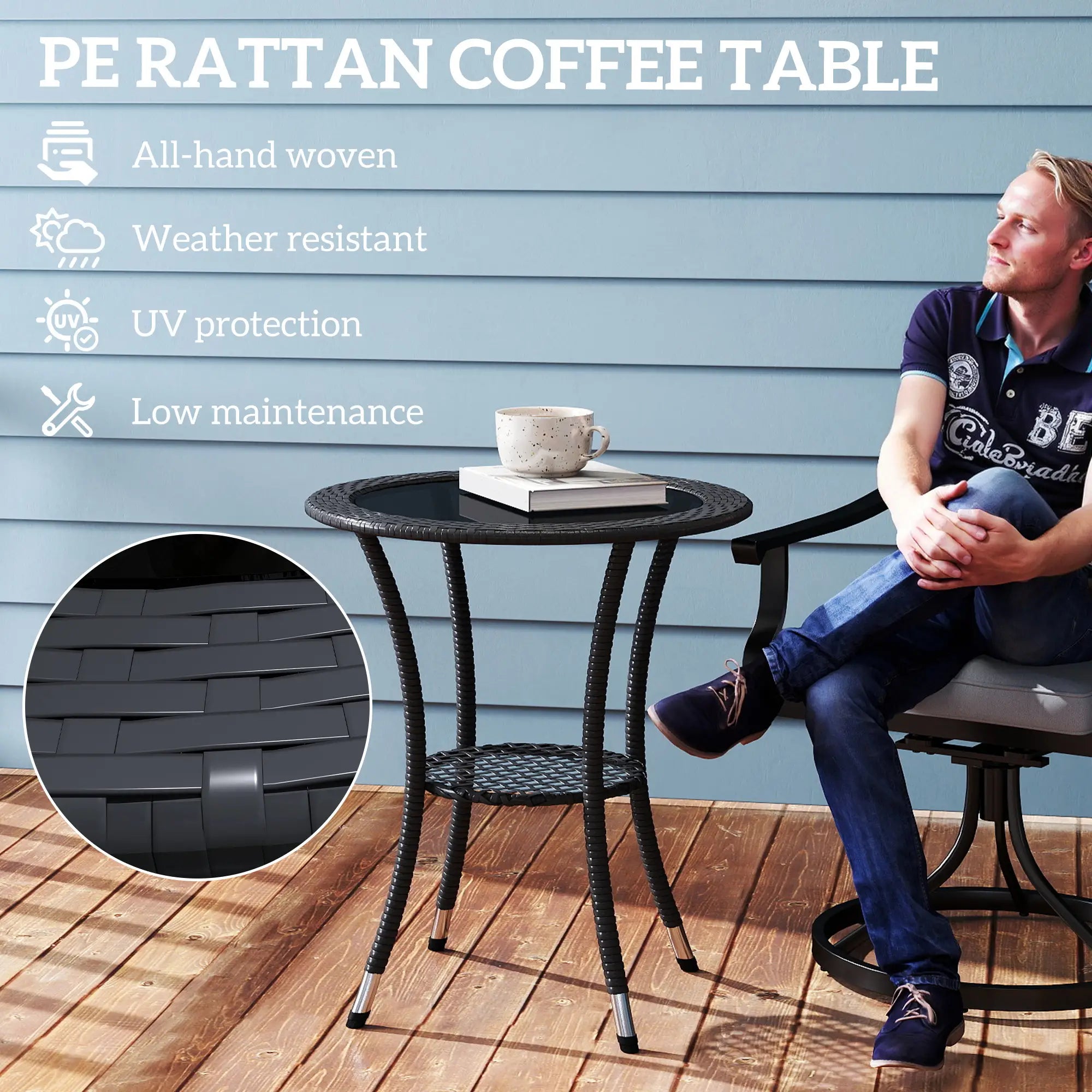 Outdoor Rattan Dining Table, Round Coffee Table with 2-Tier Shelf, Black Patio Dinning Tables at Gallery Canada