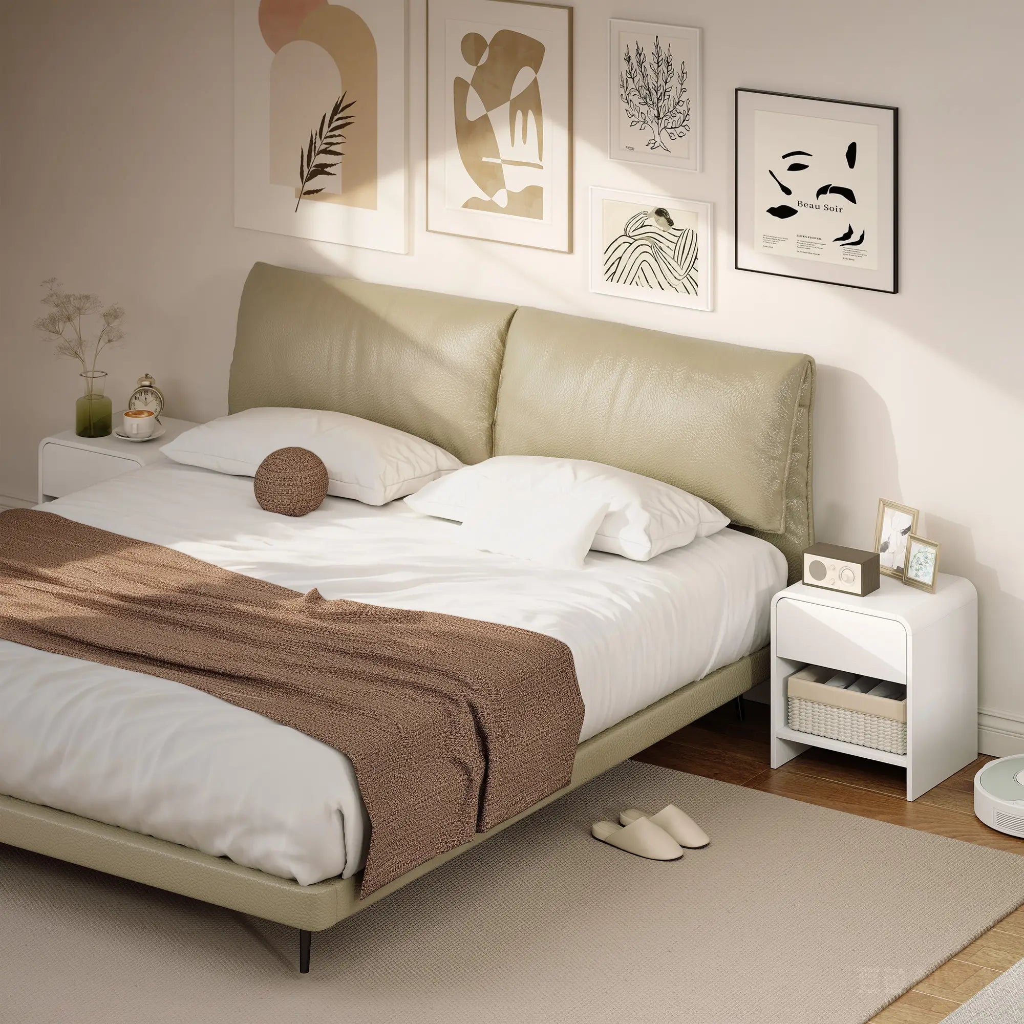 Modern Nightstand Set of 2, Distressed White, With Drawer and Shelf, White Bedside Tables at Gallery Canada