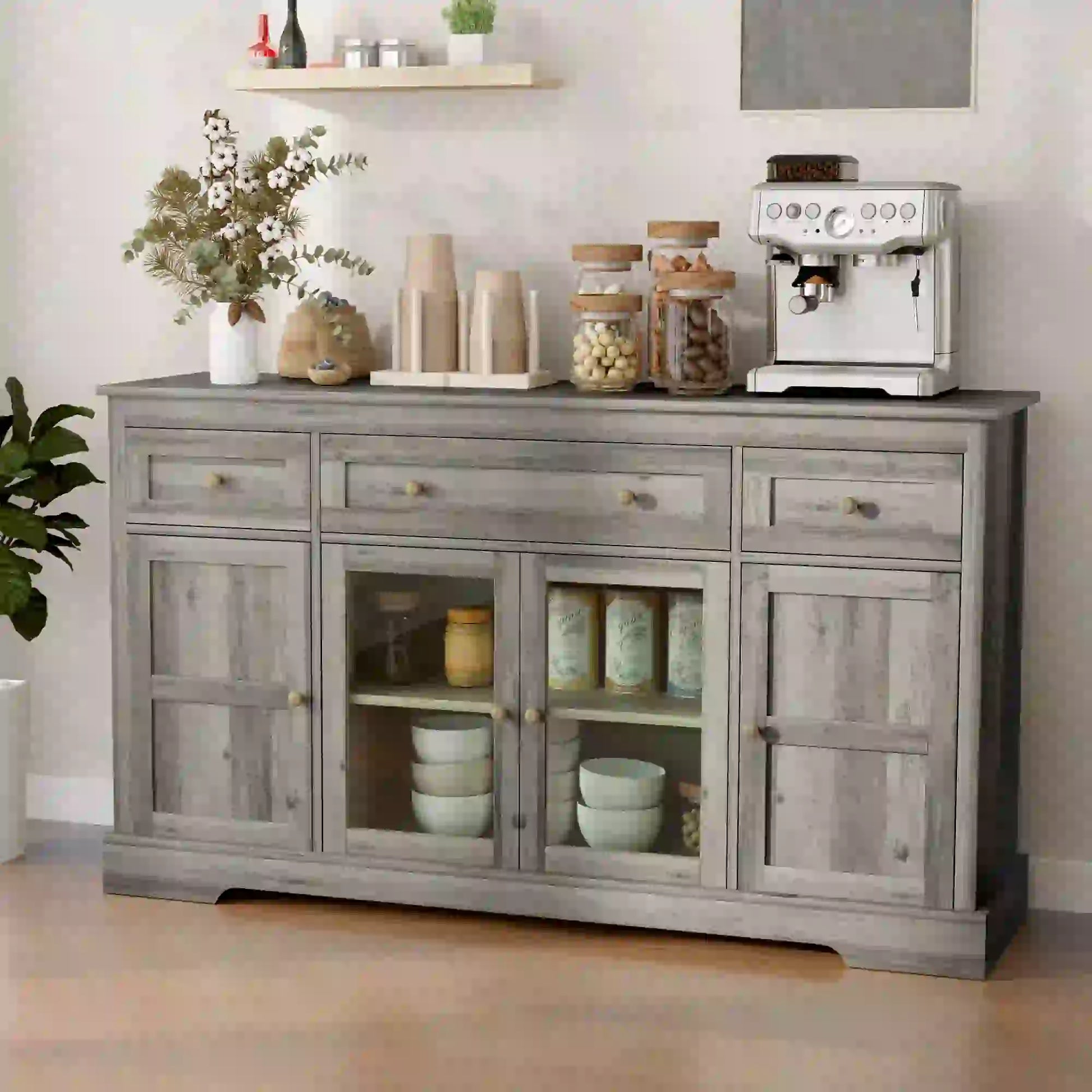 Sideboard Buffet Cabinet, Coffee Bar with Glass Doors, Adjustable Shelves, Weathered Grey Oak, Grey Bar Cabinets at Gallery Canada