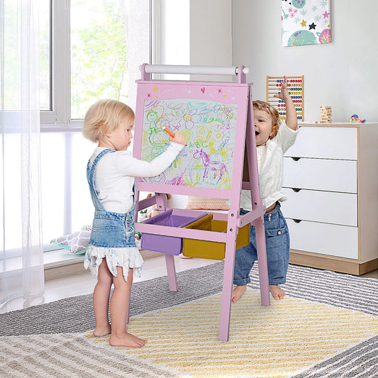 3 In 1 Kids Wooden Art Easel with Paper Roll Double-Sided Chalkboard &; Whiteboard with Storage Baskets Gift for Toddler Girl Age 3 Years+ Pink Kids Desk Sets Pink at Gallery Canada