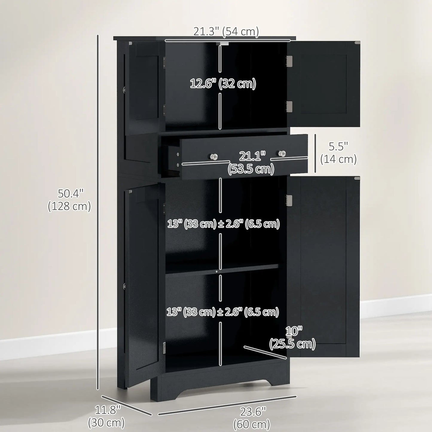 50.5" Kitchen Cabinet, 4 Doors, Drawer, Adjustable Shelf, Black Kitchen Pantry Cabinets at Gallery Canada