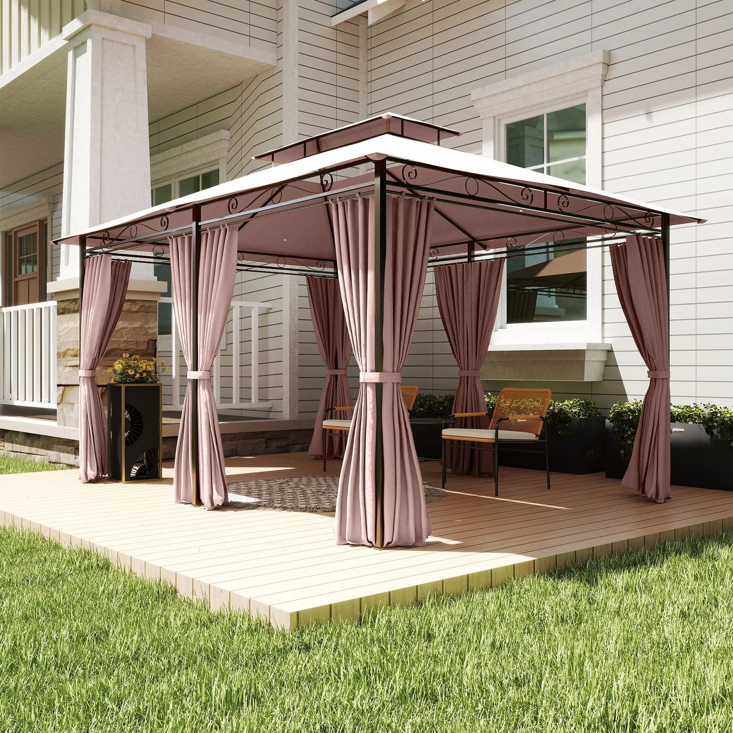 10' x 13' Patio Gazebo, Outdoor Garden Canopy with Curtains, Khaki Gazebos at Gallery Canada