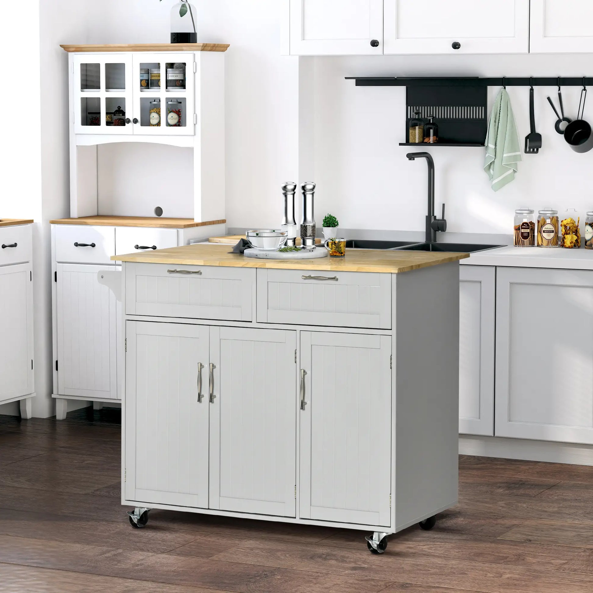 Rolling Kitchen Island, Cart with 2 Drawers, 3 Door Cabinets, 3-Doors, Grey Kitchen Islands & Kitchen Carts at Gallery Canada
