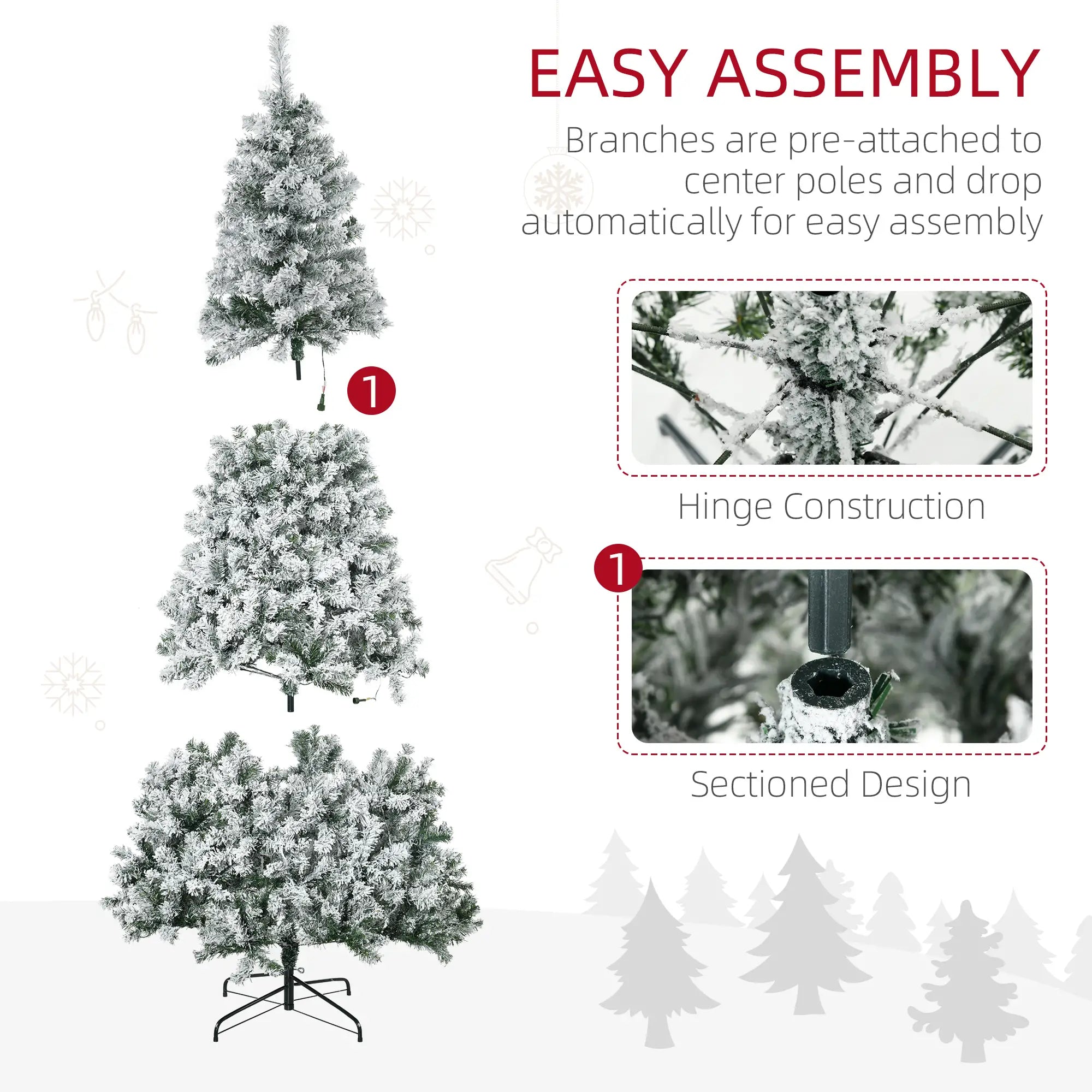 7.5ft Prelit Artificial Christmas Tree, Snow Flocked, Metal Base, Warm White LED Pre Lit Christmas Trees at Gallery Canada