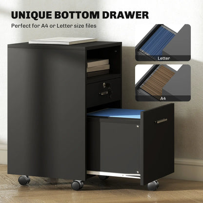 Small 2-Drawer Filing Cabinet, Lockable, on Wheels, A4 Letter Size, Black Office Cabinets & Cupboards at Gallery Canada