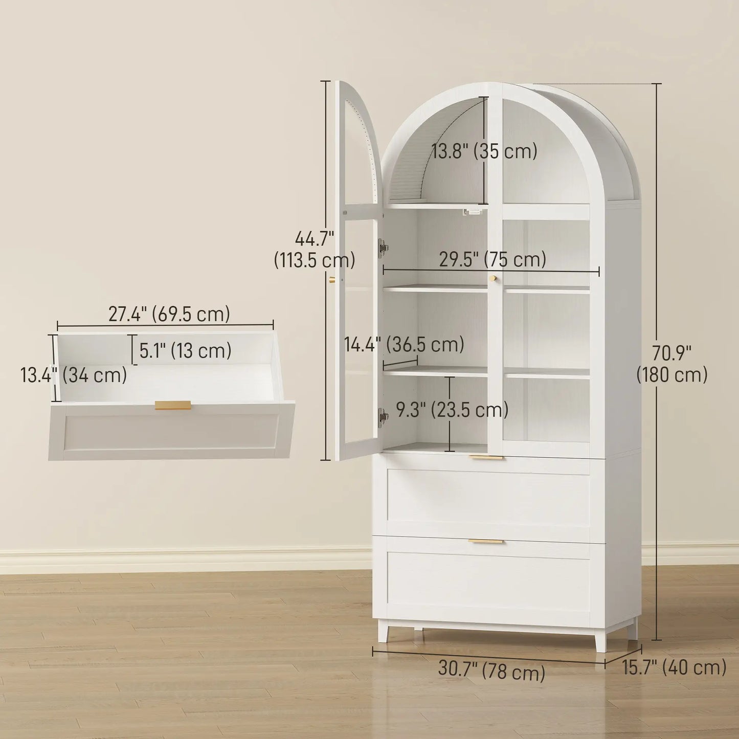 71" Tall White Arched Kitchen Pantry Cabinet, Shelves, 2 Drawers, Acrylic Doors, White Kitchen Pantry Cabinets at Gallery Canada