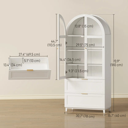 71" Tall White Arched Kitchen Pantry Cabinet, Shelves, 2 Drawers, Acrylic Doors, White Kitchen Pantry Cabinets at Gallery Canada