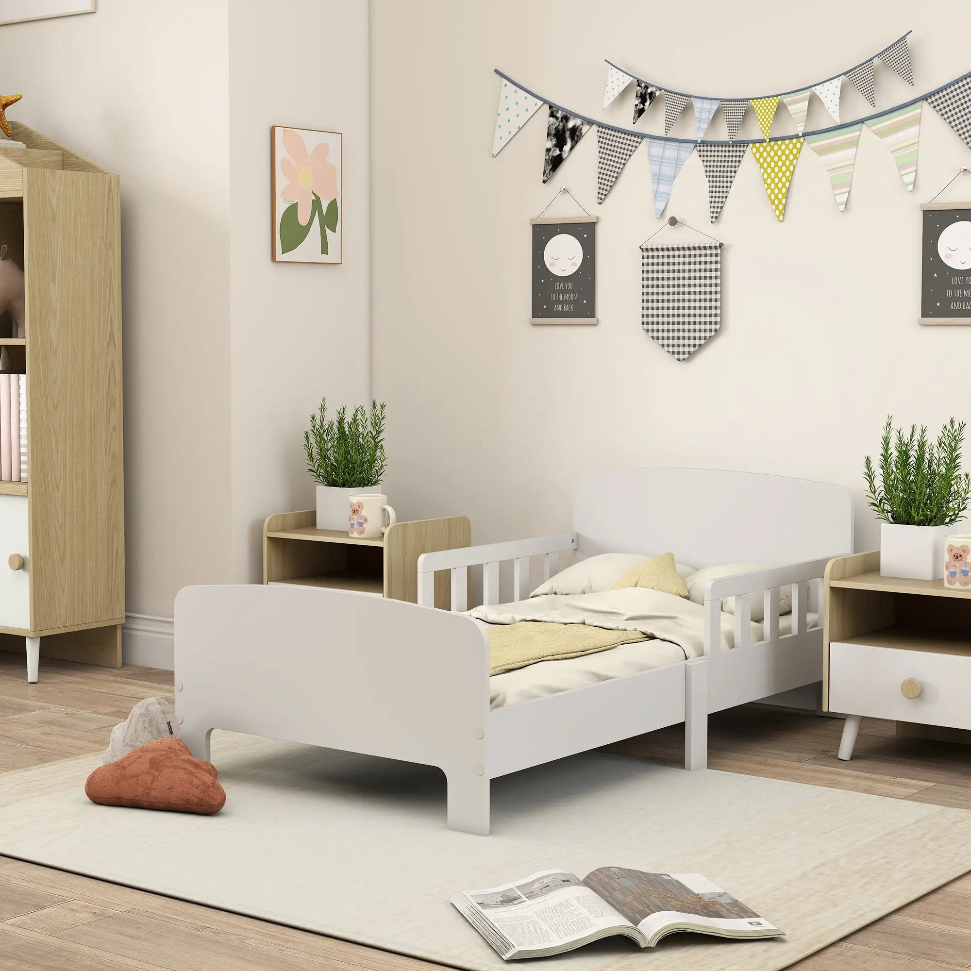 Toddler Bed with Safety Rails, Kids Bed Frame, White Kids Bedroom Furniture at Gallery Canada