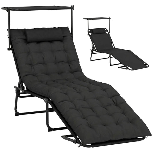 Folding Lounge Chair With Adjustable Canopy, 4-Position Tanning Chair, Black Lounger Chairs Black at Gallery Canada