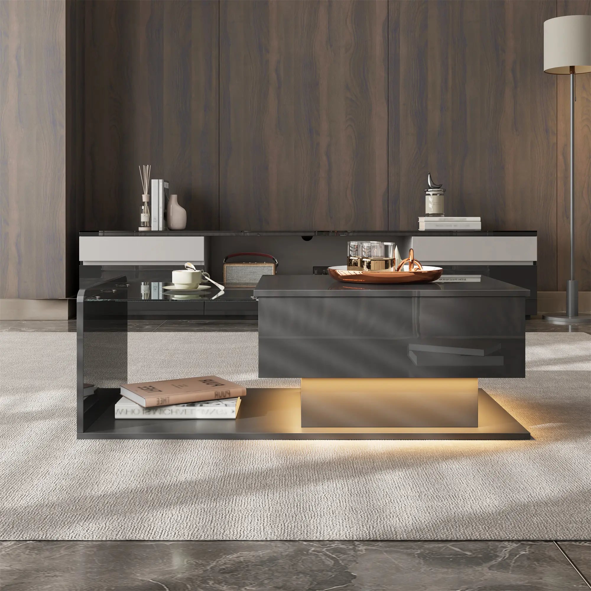 Coffee Table, Tempered Glass Top, LED Light, Adjustable Height, 39.5