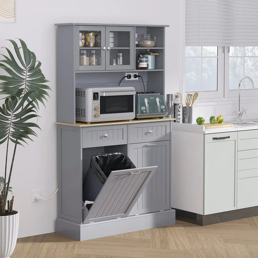 Kitchen Cabinet with Charging Station, 2 Tilt Out Cabinets, Microwave Stand, Grey Kitchen Pantry Cabinets Grey, Nature Wood at Gallery Canada