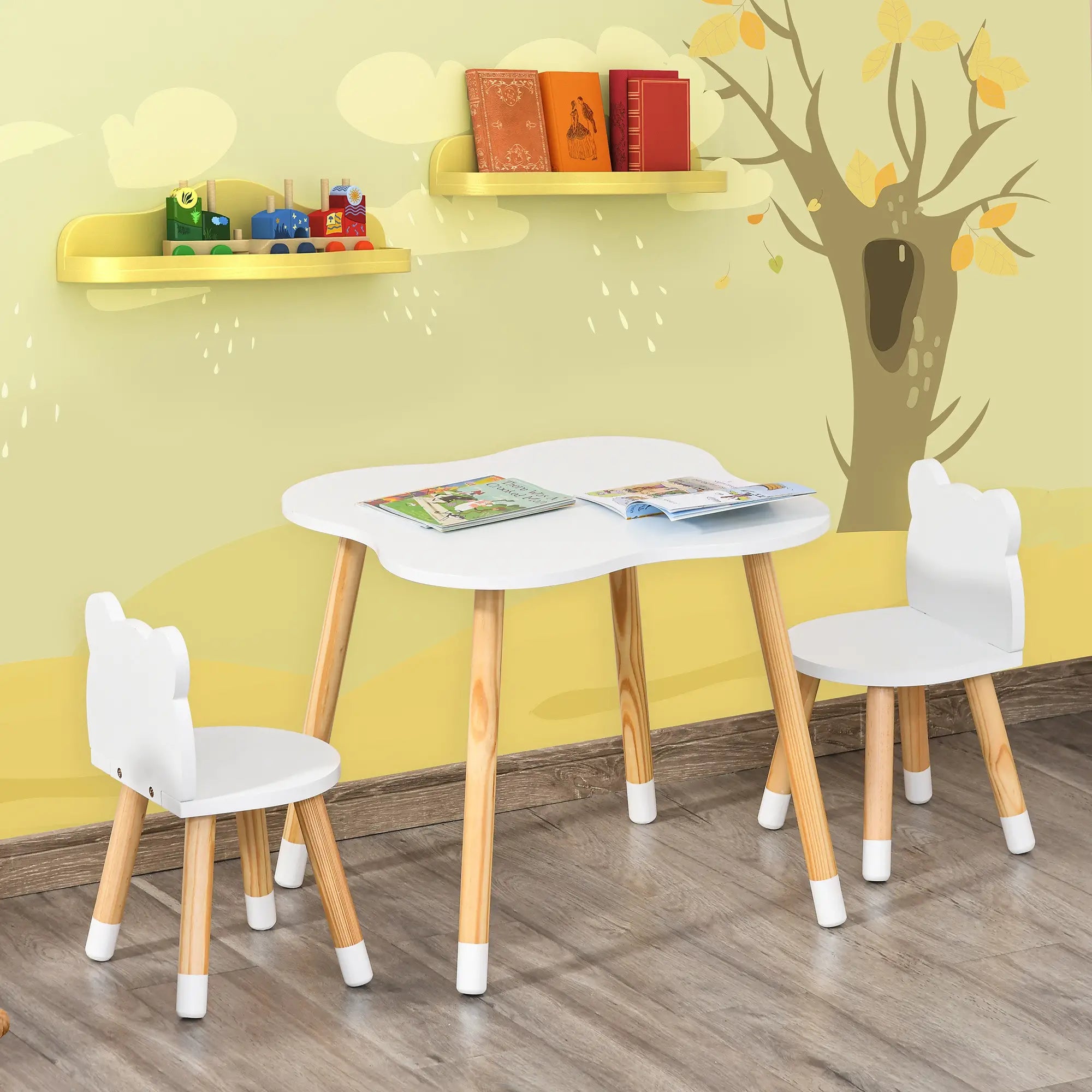 Kids Wooden Table, 2 Chairs Set, Bear Shape, Rounded Corners, White Kids Table Sets at Gallery Canada