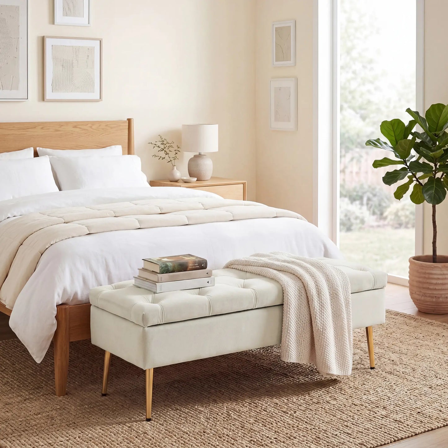 Upholstered Bedroom Bench with Gold Tone Metal Legs, Velvet Tufted and Thick Padding, Beige