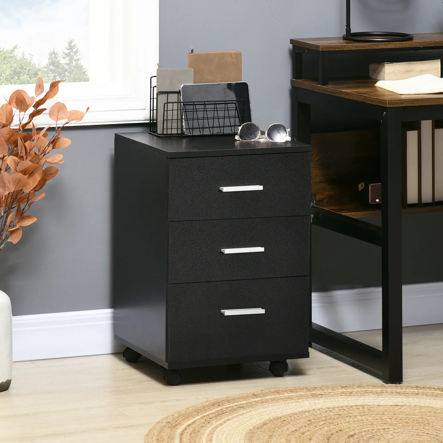 Mobile 3 Drawer File Cabinet with Wheels, Lock, Keys, Black Office Cabinets & Cupboards at Gallery Canada
