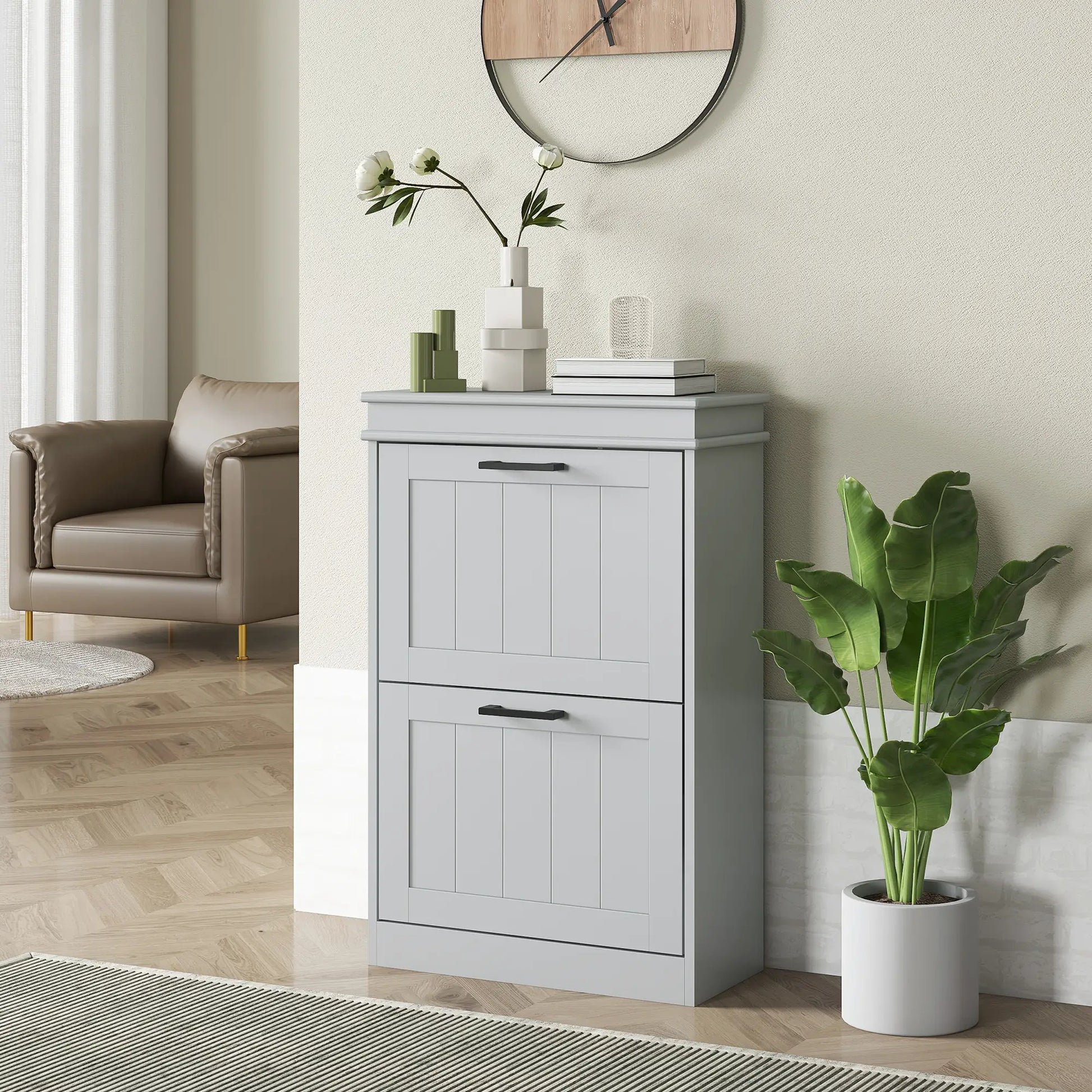 Shoe Storage Cabinet, 2 Flip Drawers, Adjustable Shelves, 10 Pairs, Grey Shoe Storage Cabinets & Racks at Gallery Canada