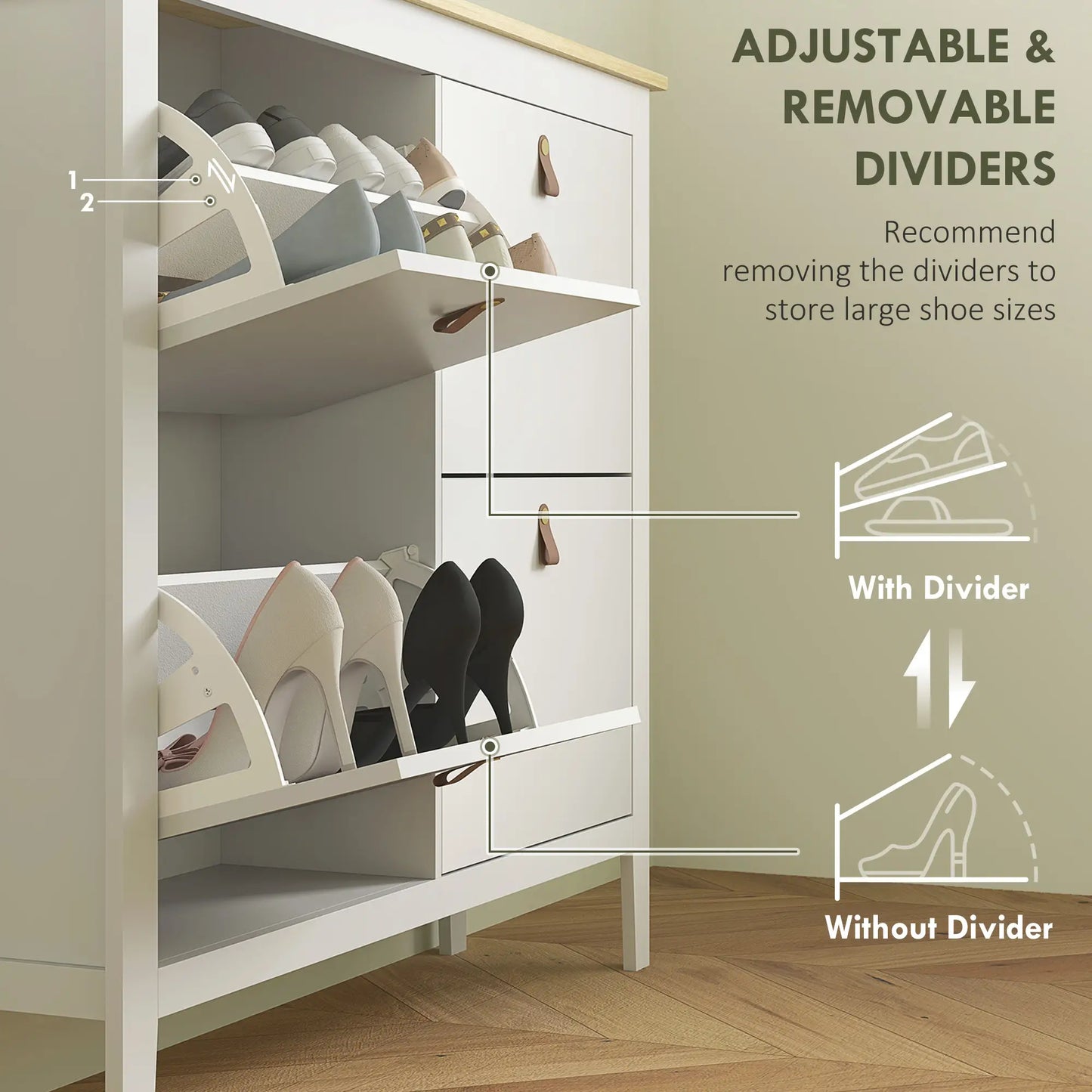 Narrow Shoe Cabinet, 4 Flip Drawers, Adjustable Shelves, White