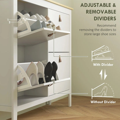 Narrow Shoe Cabinet, 4 Flip Drawers, Adjustable Shelves, White