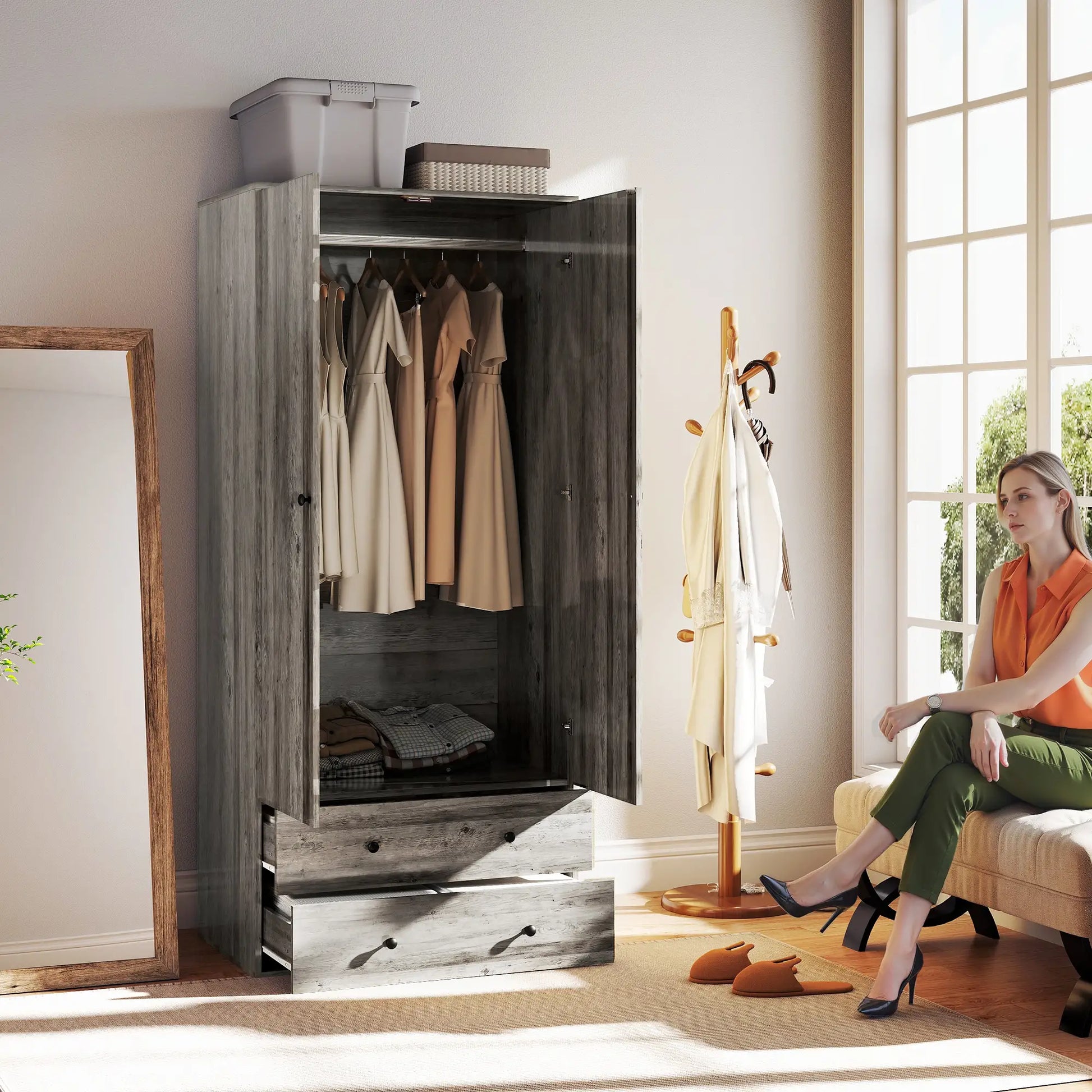 Modern Wardrobe Closet, 2 Drawers, Hanging Rod, Grey Clothing Storage at Gallery Canada