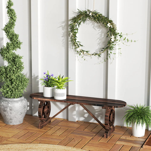 2-Person Outdoor Bench, Wood Garden Bench with Wagon Wheel Legs, Carbonized