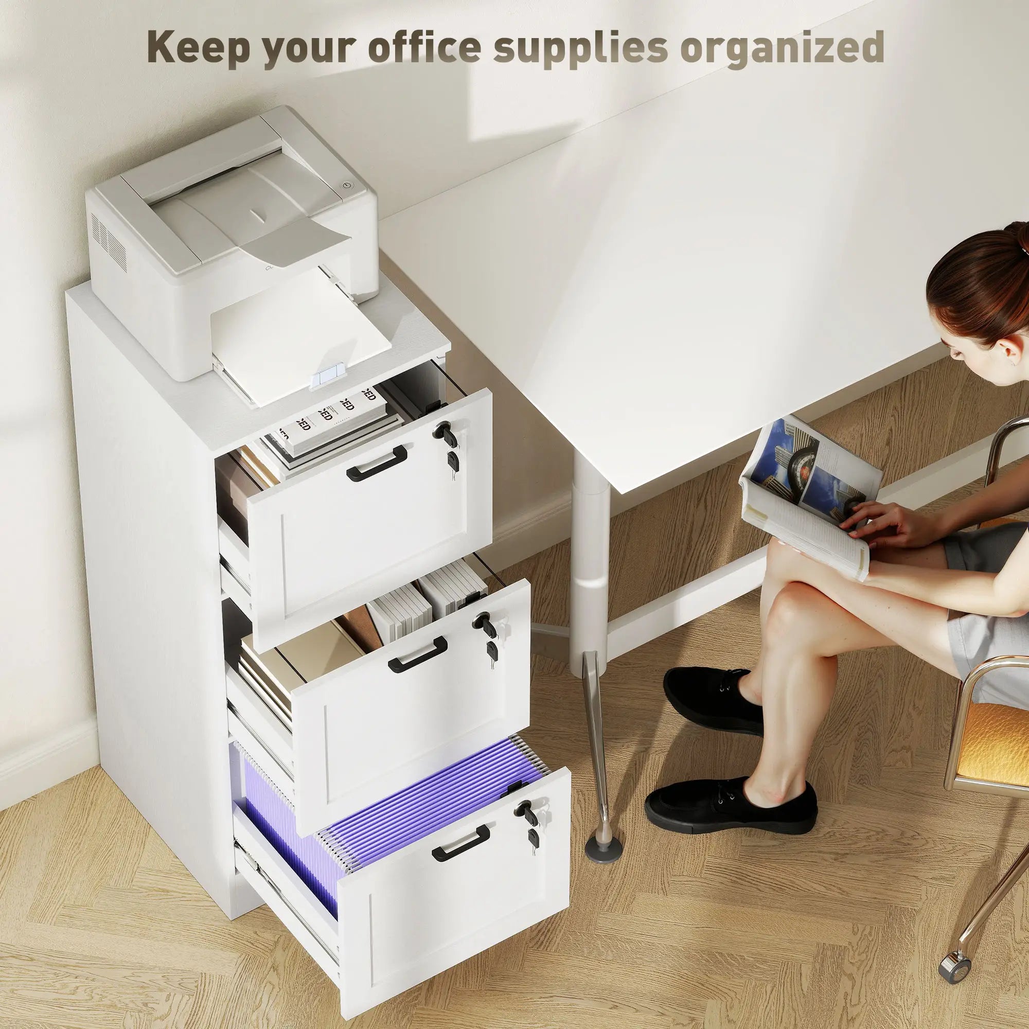 Vertical 3-Drawer Filing Cabinet, Lock, A4 Letter Size, White Office Cabinets & Cupboards at Gallery Canada