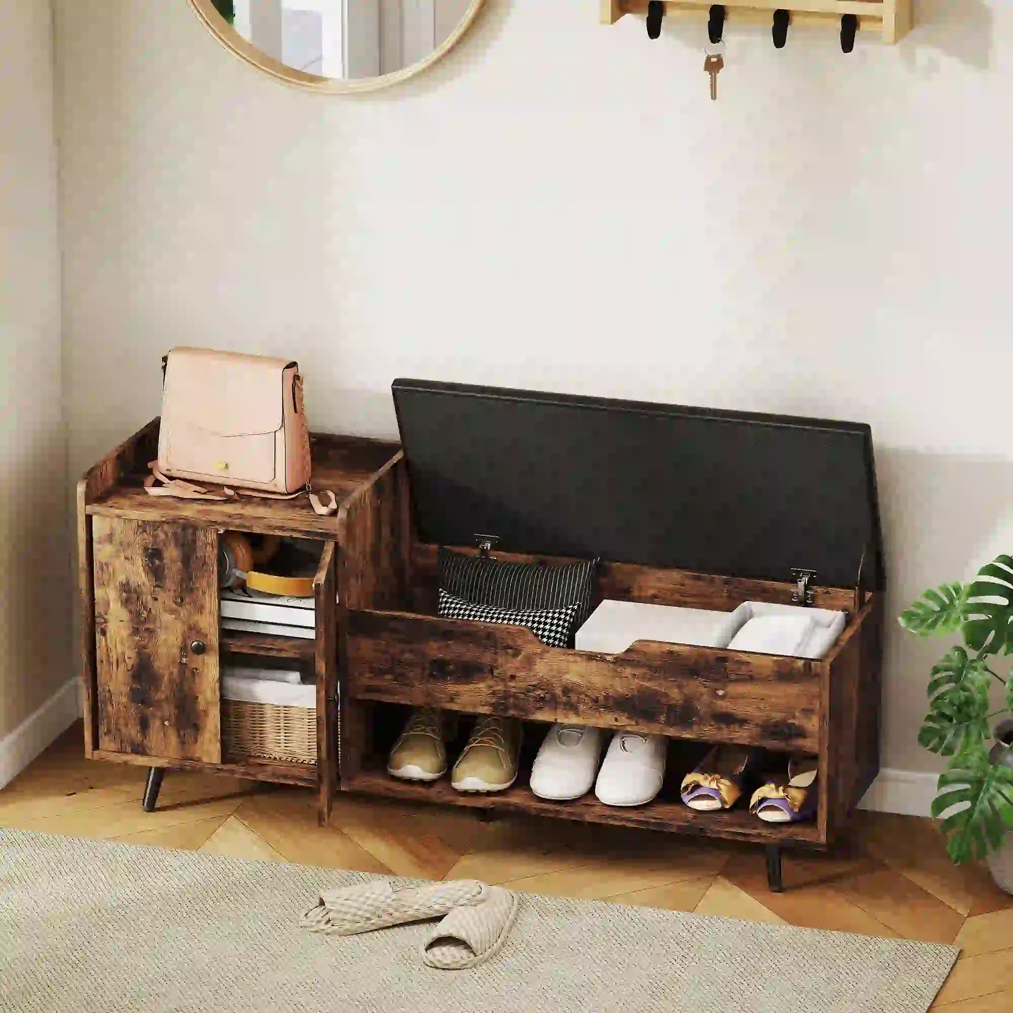Storage Bench with Cushion, Hidden Compartments, Rustic Brown Shoe Storage Cabinets & Racks at Gallery Canada