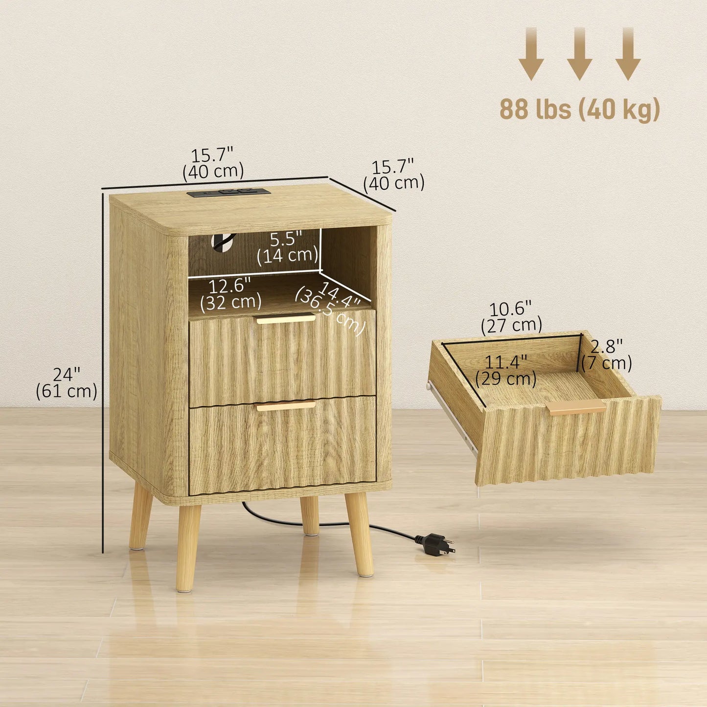 Modern Nightstands Set Of 2, Charging Station, 2 Drawers, Open Shelf, Oak Bedside Tables at Gallery Canada